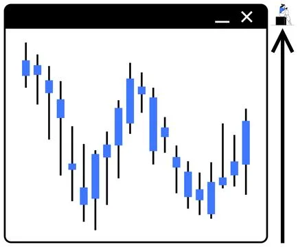 Candlestick Chart on Computer Window with Ascending Arrow and Tiny Worker C.. Stock Illustration