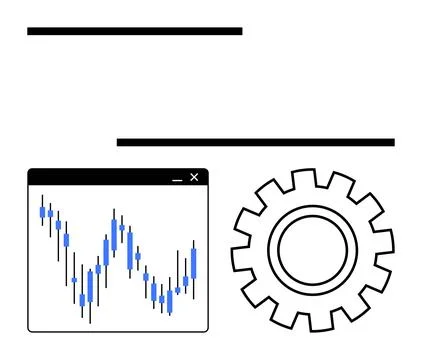 Candlestick chart depicting financial data fluctuations beside a gear icon sy Stock Illustration