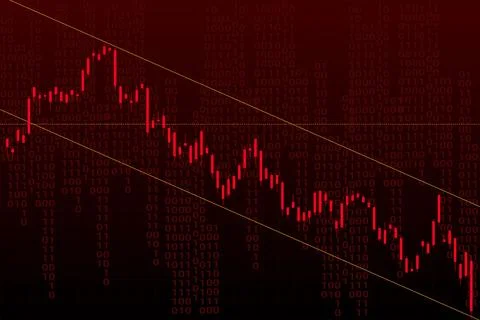 Candlestick chart descending inside yellow channel over data stream, symbolizing Illustrazione stock