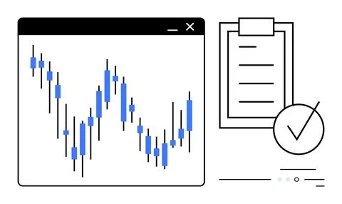 Candlestick chart displayed on a web browser window beside a clipboard with a 스톡 일러스트