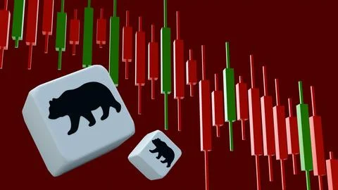 Candlestick chart, a downward trend and square cube with silhouette of a bear. Ilustração Stock