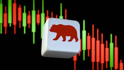 Candlestick chart, a downward trend and square cube with silhouette of a bear. Ilustração Stock