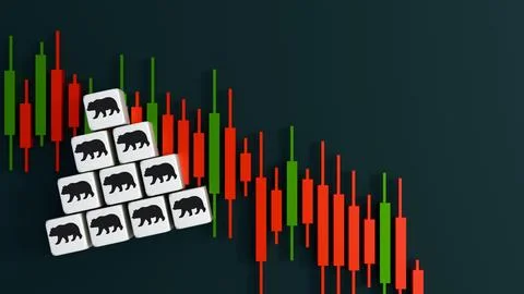 Candlestick chart, a downward trend and square cube with silhouette of a bear. Ilustração Stock