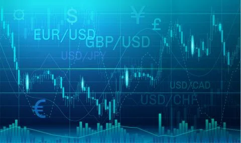 Candlestick chart in financial market vector illustration on dark blue Stock Illustration