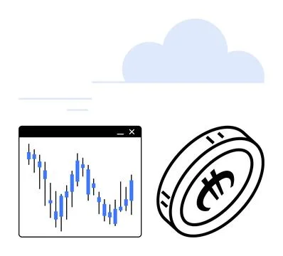 Candlestick chart with fluctuating blue lines next to crypto coin. Ideal for  Illustrazione stock
