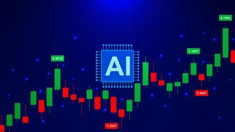 Candlestick chart graph with AI Artificial Intelligence chip Stock Illustration