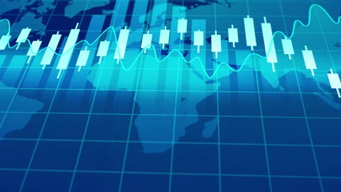 Candlestick Chart with Grid Lines and Data on Blue Background. Stock Footage 318942670