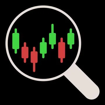 Candlestick Chart inside Magnifier vector Investing and Trading colored ico.. Illustrazione stock
