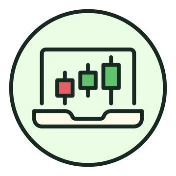 Candlestick Chart on Laptop Screen vector Trading circle shaped colored ico.. Illustrazione stock