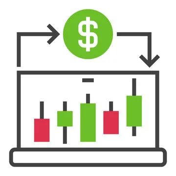 Candlestick Chart on Laptop Screen vector Online Crypto Trading icon or log.. Stock Illustration