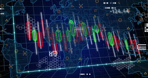 Candlestick chart moving across world map, UI loading and spawning HUD markers Stock Footage 331048138
