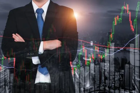 Candlestick chart patterns uptrend ,Stock Market on Shanghai cityscape at nig Stock Photos