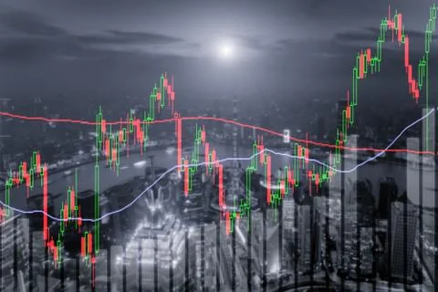 Candlestick chart patterns uptrend ,Stock Market on Shanghai cityscape at nig Stock Photos