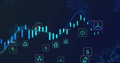 Candlestick chart playing on timeline play bars dipping then rising, icons Stock Footage 320916051