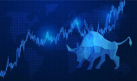 Candlestick chart with polygonal bull vector design, stock market trading growth Stock Illustration