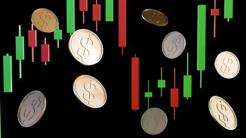 Candlestick chart with red and green bars and gold dollar coins Stock Illustration