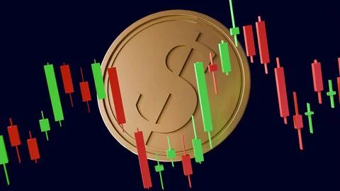 The candlestick chart with red and green bars and gold dollar coins Stock Illustration