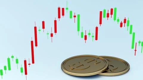 The candlestick chart with red and green bars and gold dollar coins Stock Illustration