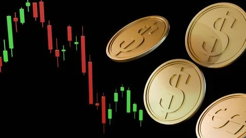 A candlestick chart with red and green bars and gold dollar coins Stock Illustration