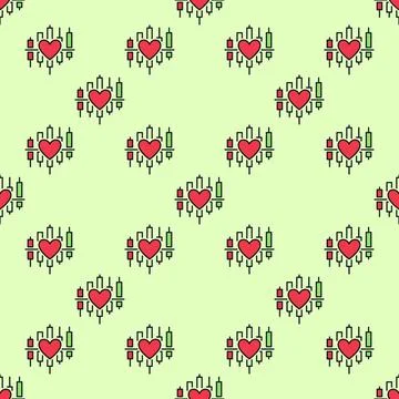 Candlestick Chart with Red Heart vector colored seamless pattern Illustrazione stock