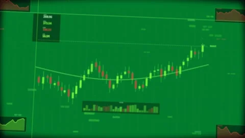 Candlestick chart showing reversal from low, MA curving up as volume building, Stock Footage 333907428