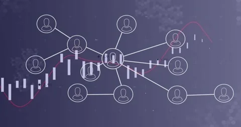 Candlestick chart showing trend line, nodes forming into user icons then Stock Footage 317118144