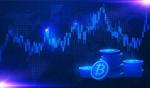 Candlestick chart trend with Bitcoins, data analytics, stock market trading Stock Illustration