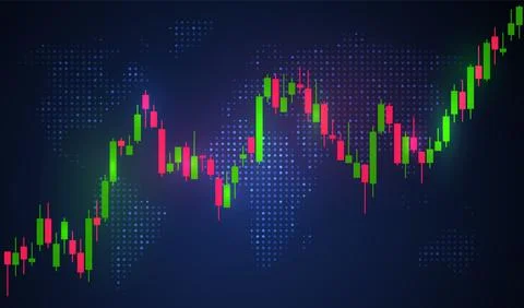 Candlestick chart trend with world map, stock market trading graph, financial Stock Illustration