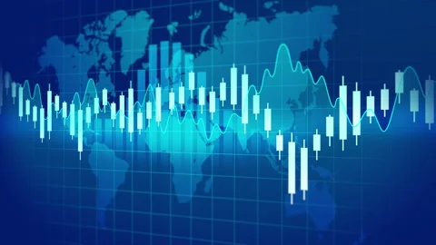Candlestick Chart with Wavy Lines and Bars on Blue Background. Stock Footage 318942651