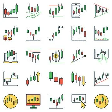 Candlestick Charts colored icons set. Red and green Candlesticks vector symbo Illustrazione stock
