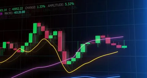 Candlestick graph chart with digital data. Display of Stock market trends Stock Illustration