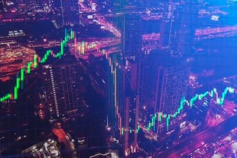 Candlestick graph office building background , Business and financial concept Stock Photos