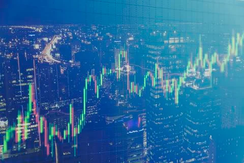 Candlestick graph office building background , Business and financial concept Foto stock