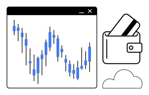 Candlestick graph on window, wallet with card, cloud icon. Ideal for finance, Stock Illustration