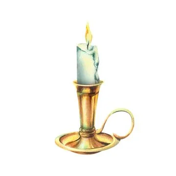 Candlestick with handle gold, copper, bronze with white burning candle with wax Иллюстрация