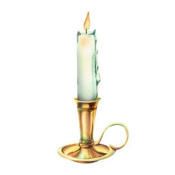 Candlestick with handle gold, copper, bronze with white burning candle with wax Stock Illustration
