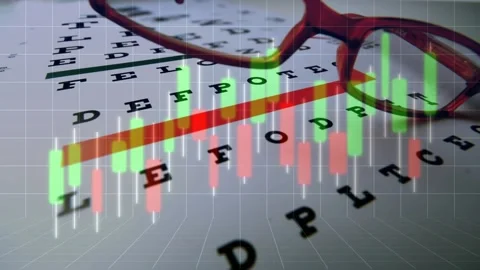 Candlestick overlay appearing, red glasses shifting center, bars rising and Stock Footage 331713114