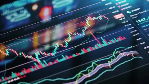 Candlestick pattern graph chart exchange close up display blurry backgrounds on Stock Footage 336586840