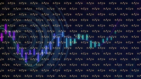 Candlestick patterns and data points in animation on financial chart background Stockbeeldmateriaal 304840255