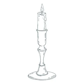 Candlestick tall, copper, bronze with a burning candle with wax drips, antique Stock Illustration