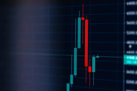 Candlestick trading chart on dark screen. Financial market analysis with co.. Stock Photos
