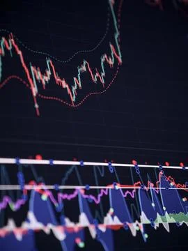 Candlestick trading chart with technical indicators Foto stock