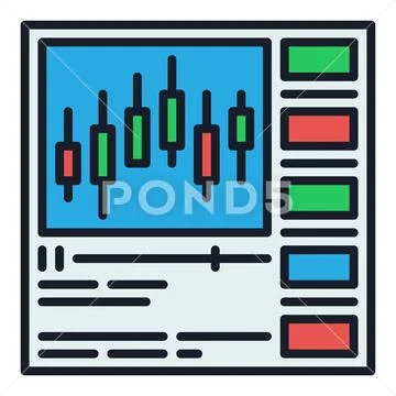 Candlestick Trading Chart Videos in Web browser vector colored icon or desi.. Illustrazione stock