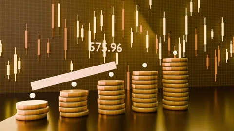 Candlesticks appearing, gold coin stacks rising in studio, markers and arrow Stock Footage 339722117