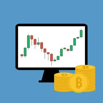 Candlesticks chart and bitcoins stack, trading success concept Stock Illustration