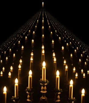 Candlesticks create a reflection in long rows in the window Stock Photos