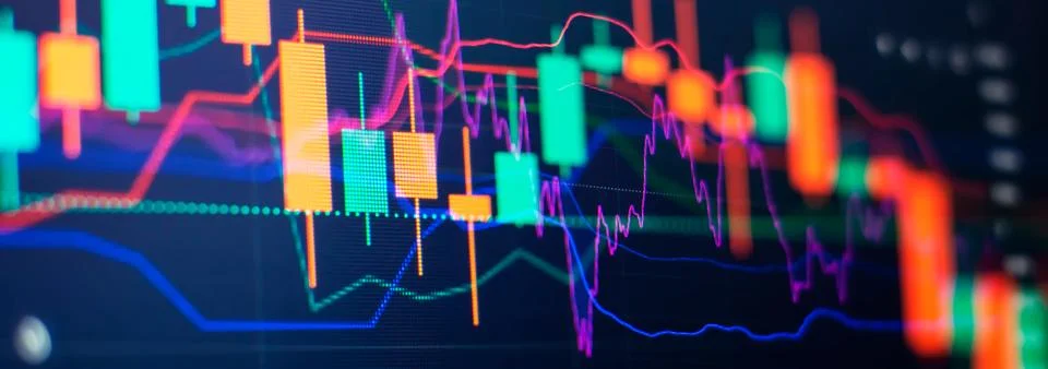 Candlesticks going up indicating crypto rising in value. Graphical representa Stock Illustration