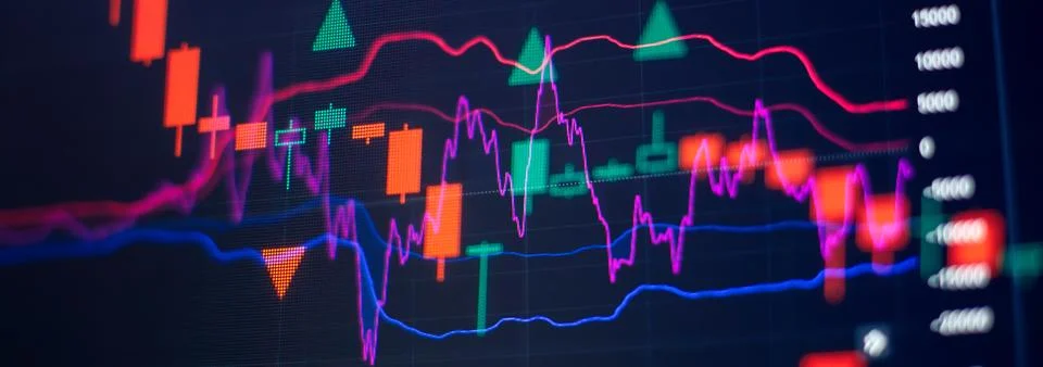 Candlesticks going up indicating crypto rising in value. Graphical representa Stock Illustration