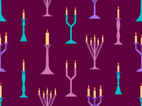 Candlesticks seamless pattern. Candlestick with candles. Candle holder with.. Stock Illustration