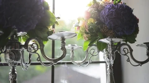 Candlesticks on a Window Sill. Decorated Modern Wedding Ceremony Background Stock Footage 69818029